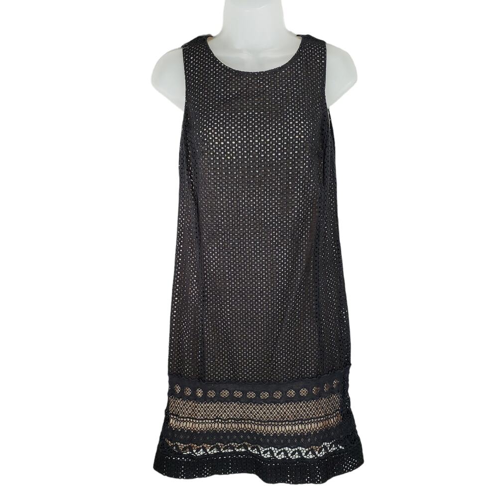 Loft Lace Mini Shift‎ Dress 8P Black Tan Overlay Perforated Darkfairy Whimsigoth